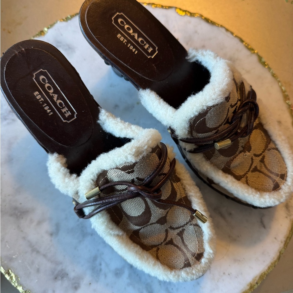 Coach Brown Signature Canvas Shearling-Trim Mules (not for widewidth re-posting)